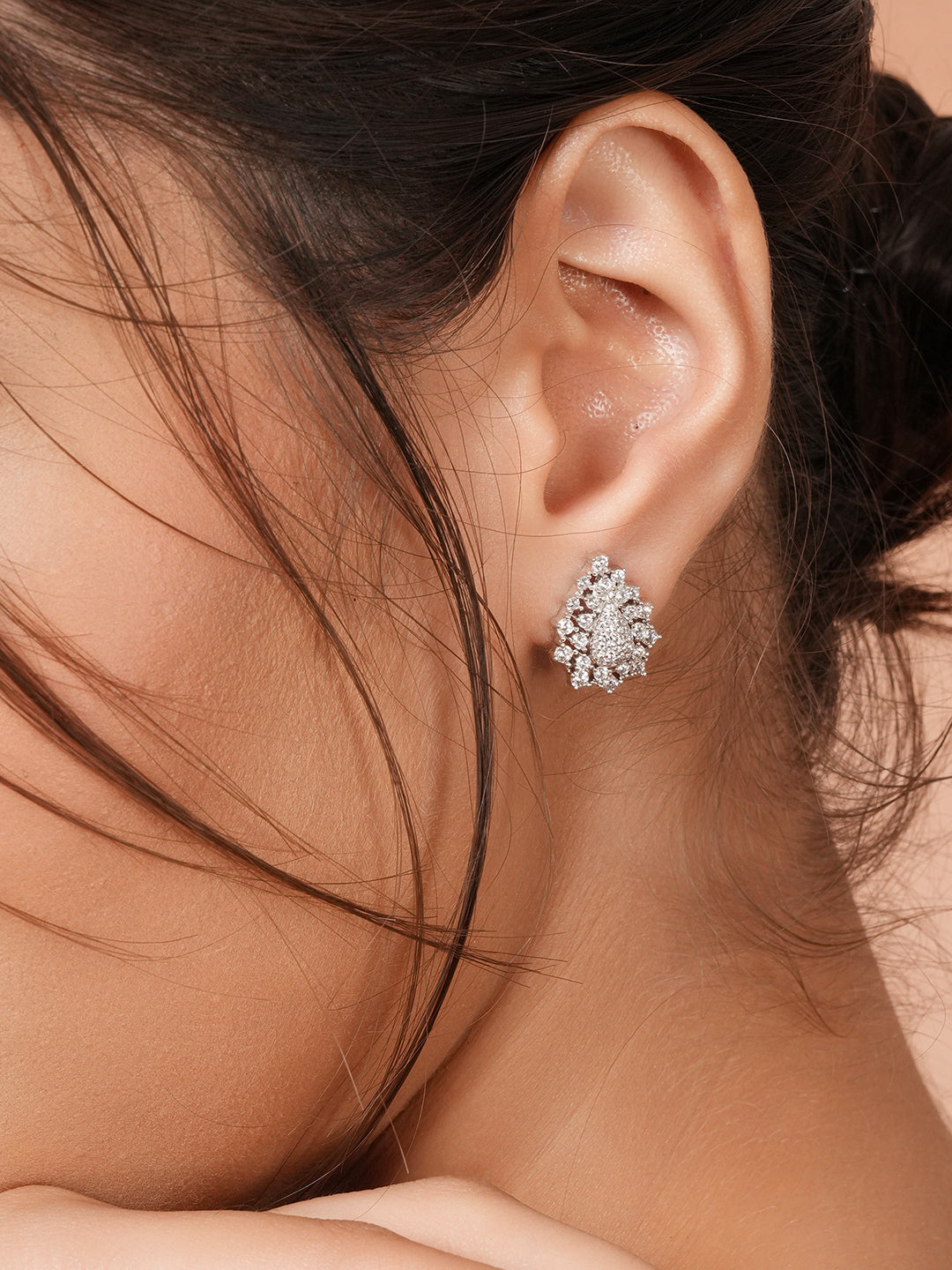 925 Sterling Silver Rhodium Plated Cubic Zircon Pear Shaped Studds Earrings